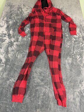 Victorias Secret Pink Womens Red & Black Plaid Hooded Onesie Pajamas S